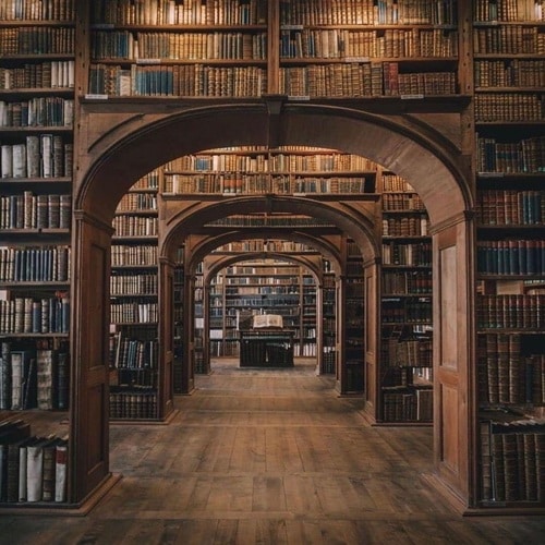 Biblioteca de libros antiguos con arcos