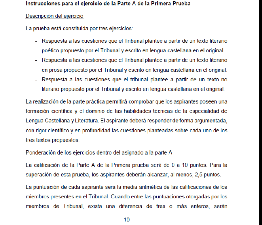 criterios de valoración prueba práctica oposiciones de Lengua y Literatura de la comunidad de Madrid.